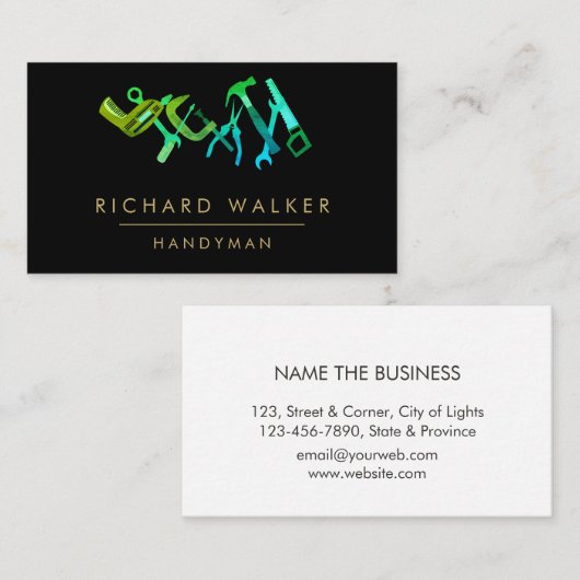 Bouwgereedschap Handyman Blauwgroen zwart draagvla Visitekaartje (Voorkant / Achterkant)