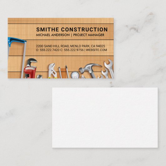 Bouwgereedschap op Houten Tafel | Timmermanswerk Visitekaartje (Voorkant / Achterkant)