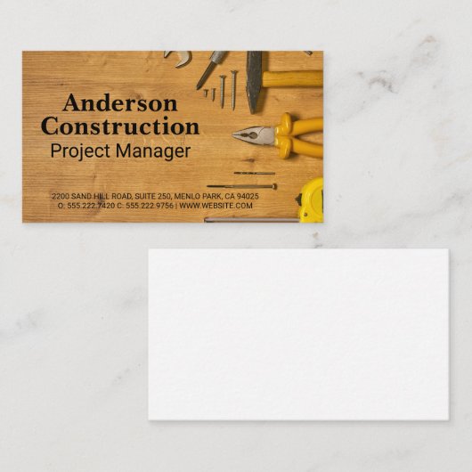 Bouwgereedschap op houten tafel visitekaartje (Voorkant / Achterkant)