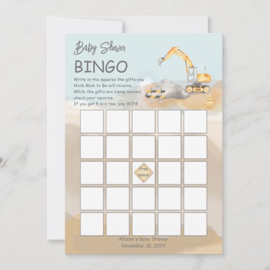 Bouwgraafmachine Boy Baby shower Bingo Kaart (Voorkant)