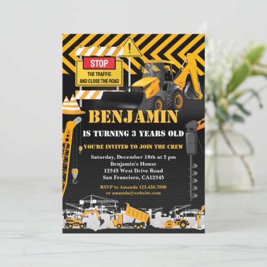Bouwgraafmachine met Birthday Party Kaart (Staand voorkant)