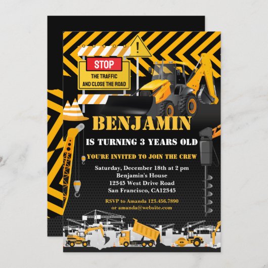 Bouwgraafmachine met Birthday Party Kaart (Voorkant / Achterkant)