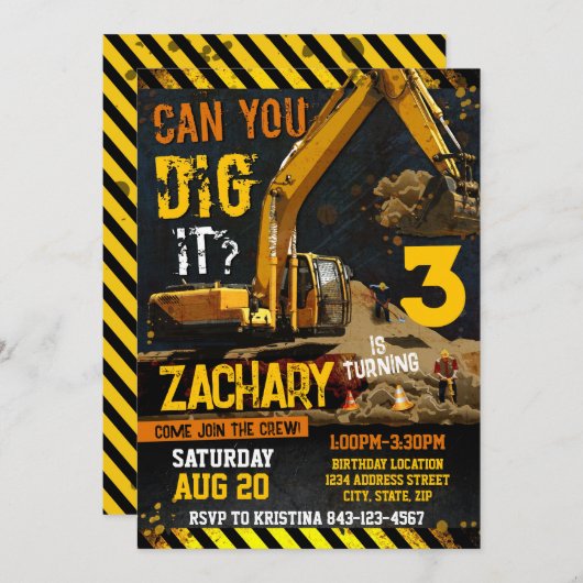 Bouwgraver Verjaardagsuitnodiging Sjabloon Kaart (Voorkant / Achterkant)