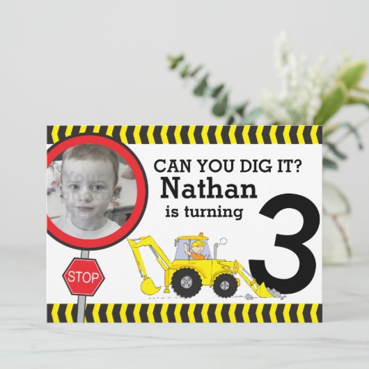 Bouwjongens 3e verjaardagsfeestuitnodiging kaart (Staand voorkant)