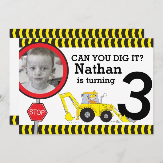 Bouwjongens 3e verjaardagsfeestuitnodiging kaart (Voorkant / Achterkant)