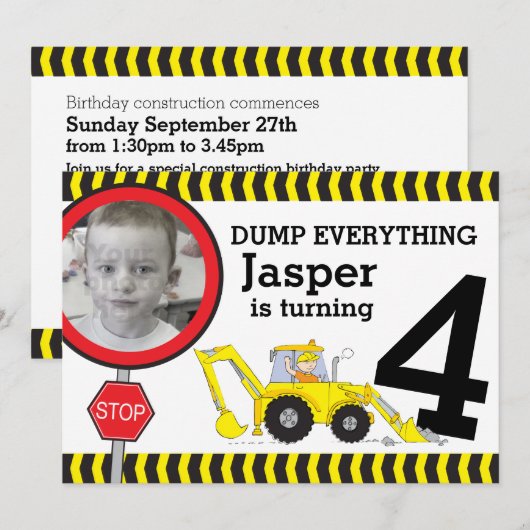 Bouwjongens 4e verjaardagsfeestuitnodiging kaart (Voorkant / Achterkant)