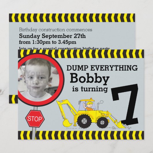 Bouwjongens 7e verjaardagsfeestuitnodiging kaart (Voorkant / Achterkant)