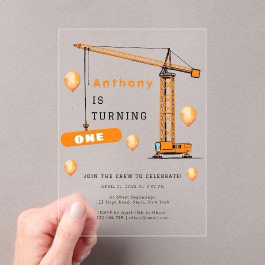 Bouwkraan Kinder & Volwassenen Verjaardag Acryl Uitnodigingen (Insitu (Draagbaar))