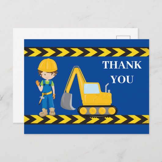 Bouwmachine Graafmachine Jongens Blauw Bedankt Briefkaart (Voorkant / Achterkant)