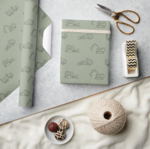 Bouwmachines Bouwer Jongen Vrachtwagen Salie Groen Cadeaupapier