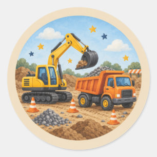 Bouwmachines Kinderverjaardagsfeestje Favor Ronde Sticker