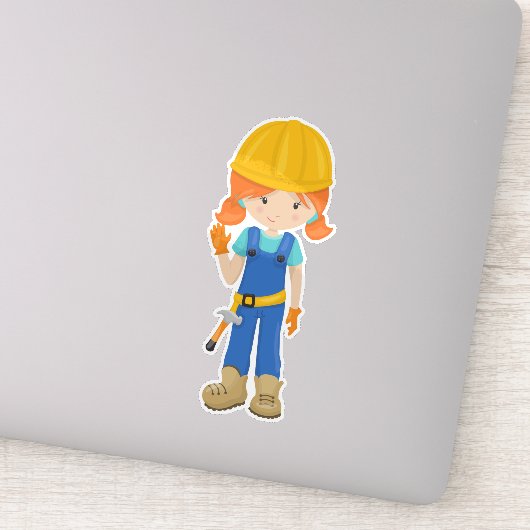 Bouwmeisje, Oranje haar, koffiemeisje, Hammer Sticker (Detail)