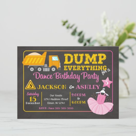 Bouwnijverheid en Ballerina Joint Birthday Invitat Kaart (Staand voorkant)