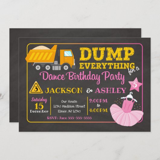 Bouwnijverheid en Ballerina Joint Birthday Invitat Kaart (Voorkant / Achterkant)