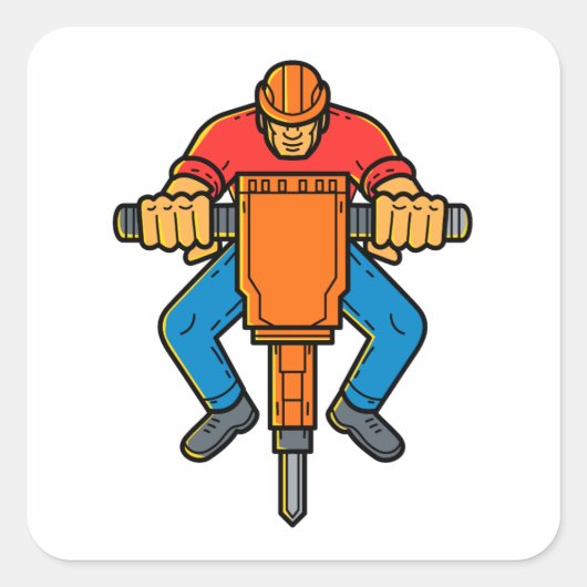 Bouwnijverheid Jackhammer Mono Line Art Vierkante Sticker (Voorkant)