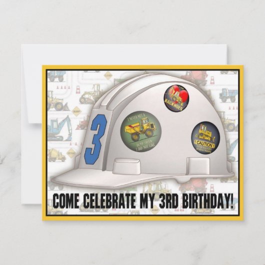Bouwnijverheid op harde Pet 3e verjaardag Uitnodig Kaart (Voorkant)