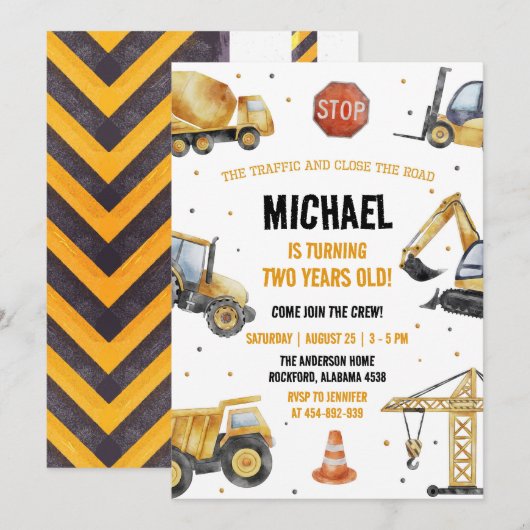 Bouwnijverheid Theme Birthday Invitation Kaart (Voorkant / Achterkant)