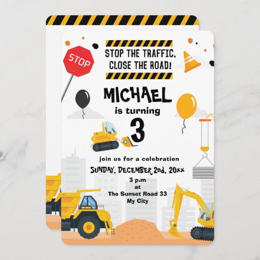 Bouwnijverheid van graafmachines - Birthday-uitnod Kaart (Voorkant / Achterkant)