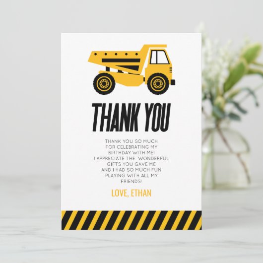 Bouwpers Dump Truck Bulldozer Verjaardagsfeestje Bedankkaart (Staand voorkant)