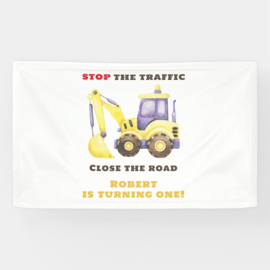 Bouwpers Graafmachine Verjaardagsfeestje Spandoek (Horizontaal)