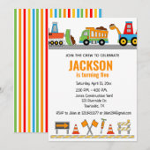 Bouwpersoneelsauto's verjaardagsfeest uitnodiging (Voorkant / Achterkant)