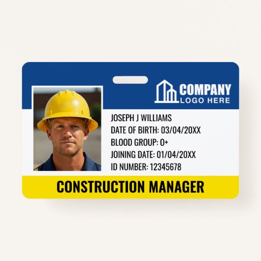 Bouwplaats ID Logo Barcode Navy Sjabloon Badge (Voorkant)