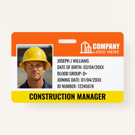 Bouwplaats ID Logo Barcode Oranje Sjabloon Badge (Voorkant)