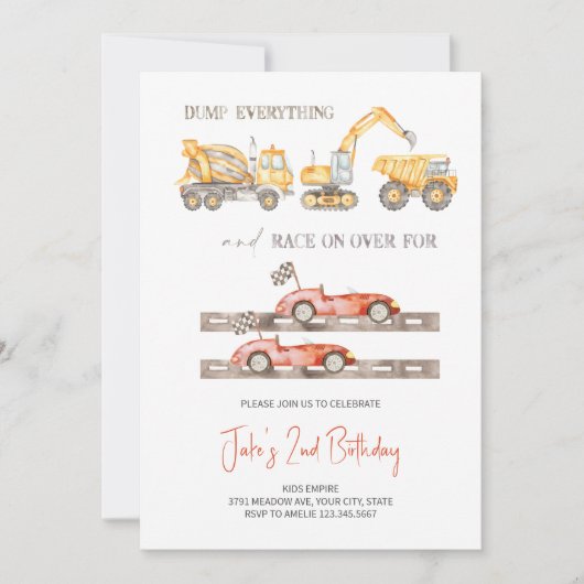 Bouwrace auto's Gezamenlijke thema uitnodiging (Voorkant)