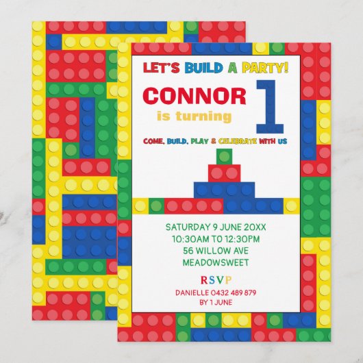 Bouwsteen 1st Birthday Party Colorful Bricks Kaart (Voorkant / Achterkant)