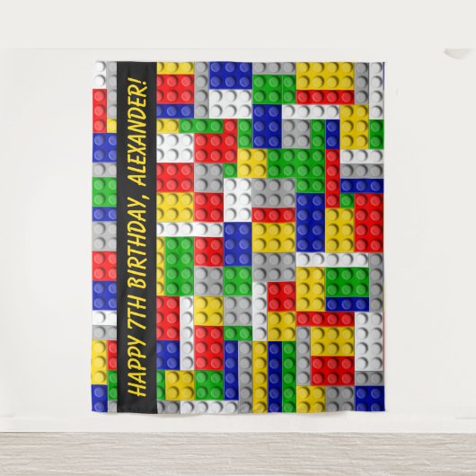 Bouwsteen bakstenen jongens verjaardagsfeestje ach wandkleed (Voorkant)