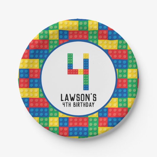 Bouwstenen 4e Verjaardagspapier Borden Papieren Bordje (Voorkant)