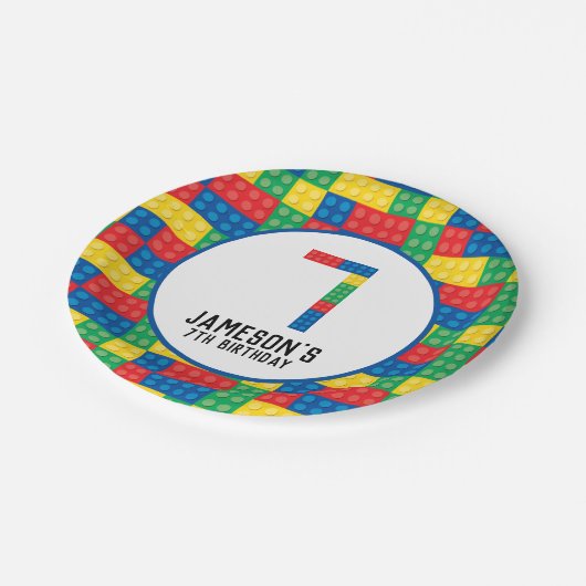 Bouwstenen 7e verjaardagspapier Borden Papieren Bordje (Gekanteld)