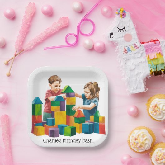 Bouwstenen bij de Birthday Bash Papieren Bordje (Feest)