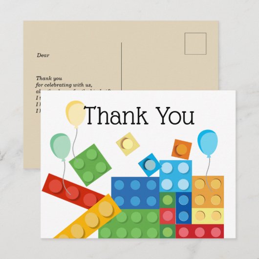 bouwstenen, blok, speelgoed steen dank je kaart (Voorkant / Achterkant)