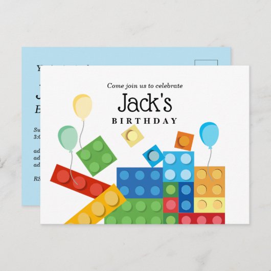 bouwstenen, blok, speelgoed steen uitnodiging briefkaart (Voorkant / Achterkant)