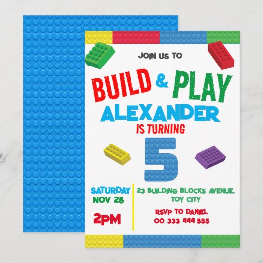 Bouwstenen Jongen 5e Verjaardag Speelgoed Kaart (Voorkant / Achterkant)