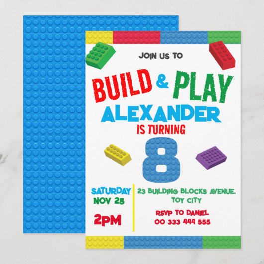 Bouwstenen Jongen 8e Verjaardag Speelgoed Kaart (Voorkant / Achterkant)