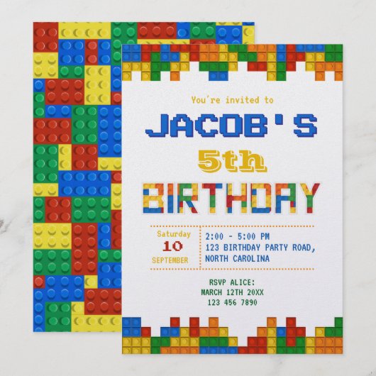 Bouwstenen Jongen Verjaardag Uitnodiging (Voorkant / Achterkant)