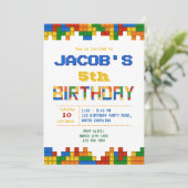 Bouwstenen Jongen Verjaardag Uitnodiging (Staand voorkant)