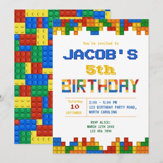 Bouwstenen Jongen Verjaardag Uitnodiging (Voorkant / Achterkant)