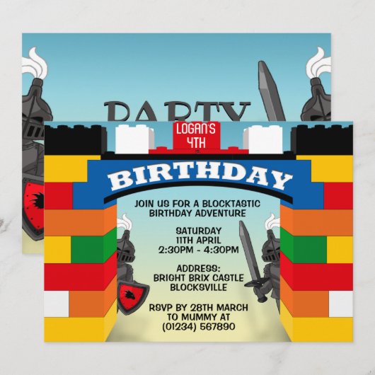 Bouwstenen Kasteel Verjaardag Uitnodigingen (Voorkant / Achterkant)