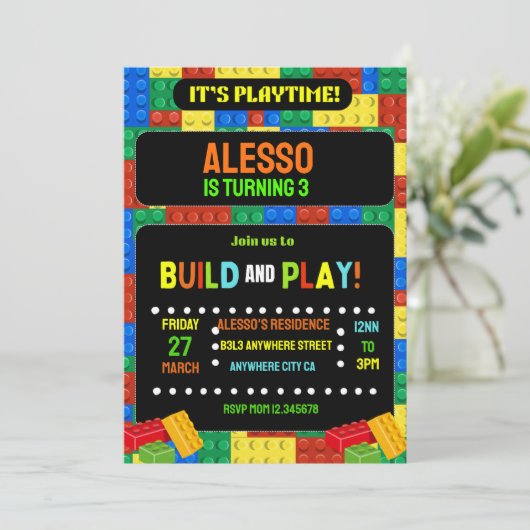 Bouwstenen Uitnodiging Digitale Kinderfeestje  (Staand voorkant)