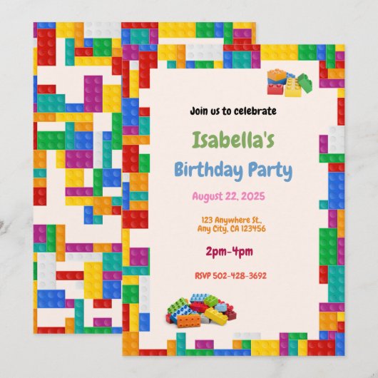 Bouwstenen Uitnodiging voor verjaardagsfeestje (Voorkant / Achterkant)