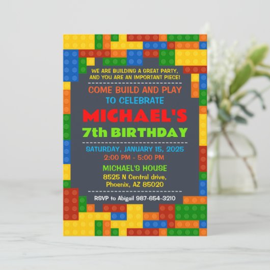 Bouwstenen uitnodiging voor verjaardagsfeestje (Staand voorkant)