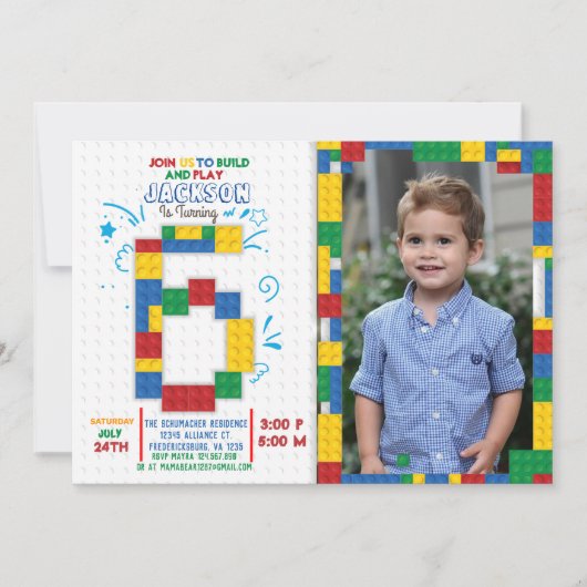 Bouwstenen Verjaardag bakstenen 6 jaar Uitnodiging (Voorkant)