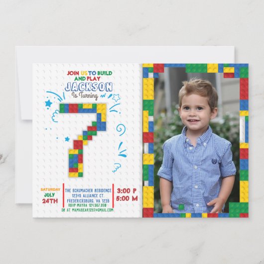 Bouwstenen Verjaardag bakstenen 7 jaar Uitnodiging (Voorkant)