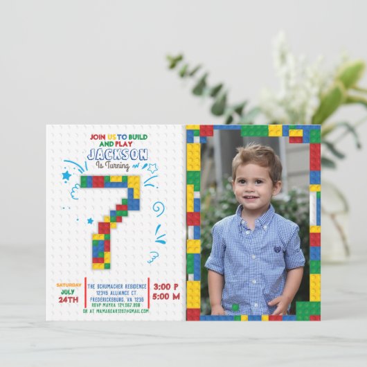 Bouwstenen Verjaardag bakstenen 7 jaar Uitnodiging (Staand voorkant)
