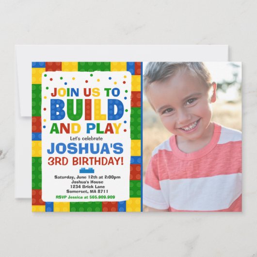 Bouwstenen Verjaardag Uitnodiging Bricks Party (Voorkant)