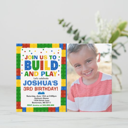 Bouwstenen Verjaardag Uitnodiging Bricks Party (Staand voorkant)