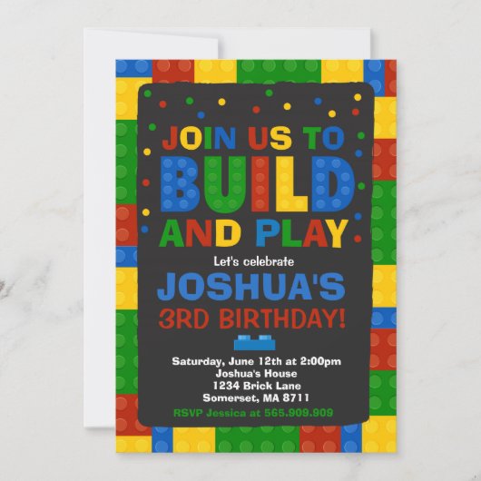 Bouwstenen Verjaardag Uitnodiging Bricks Party (Voorkant)